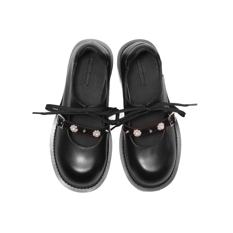 notdetailed原创 铆钉珍珠玛丽珍鞋圆翘头小皮鞋 黑色粗跟女鞋 - 女款休闲鞋 - 真皮 