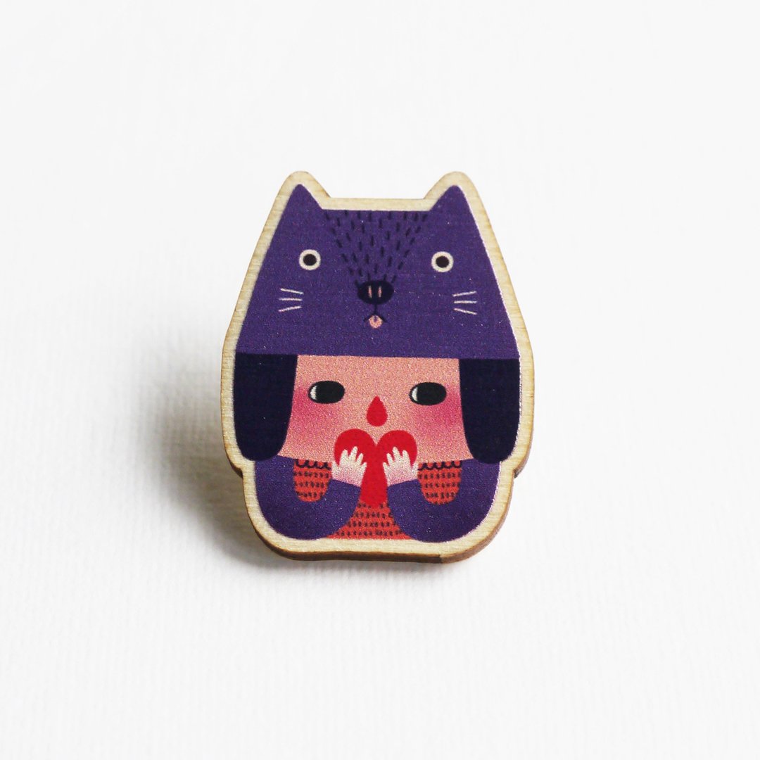 The Cat Girl 猫女孩木制胸针 可爱徽章 - 胸针 - 木头 紫色