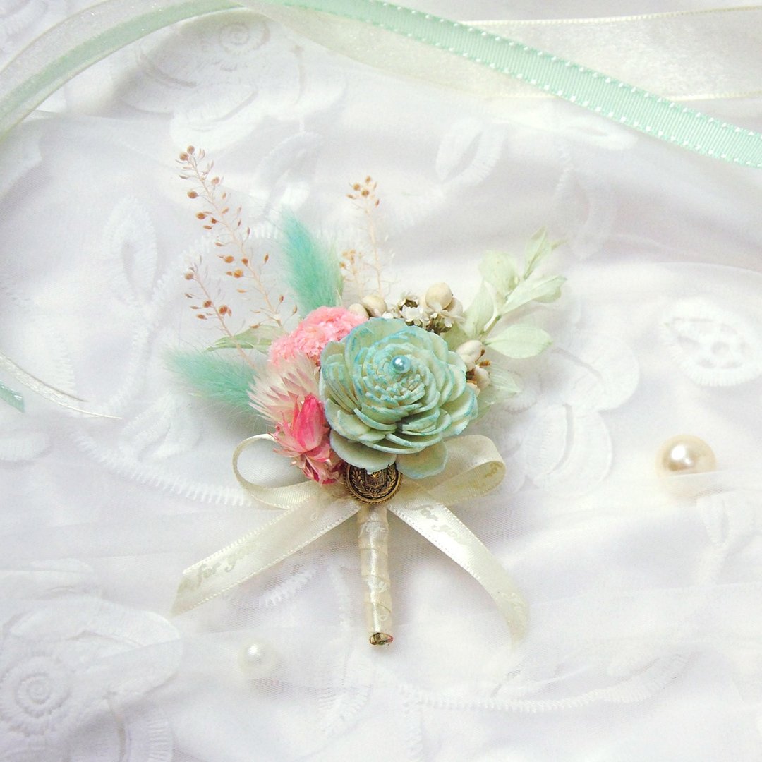 干燥胸花-Tiffany Blue and Pink 湖水蓝绿粉撞色胸花 - 胸花/手腕花 - 植物．花 绿色