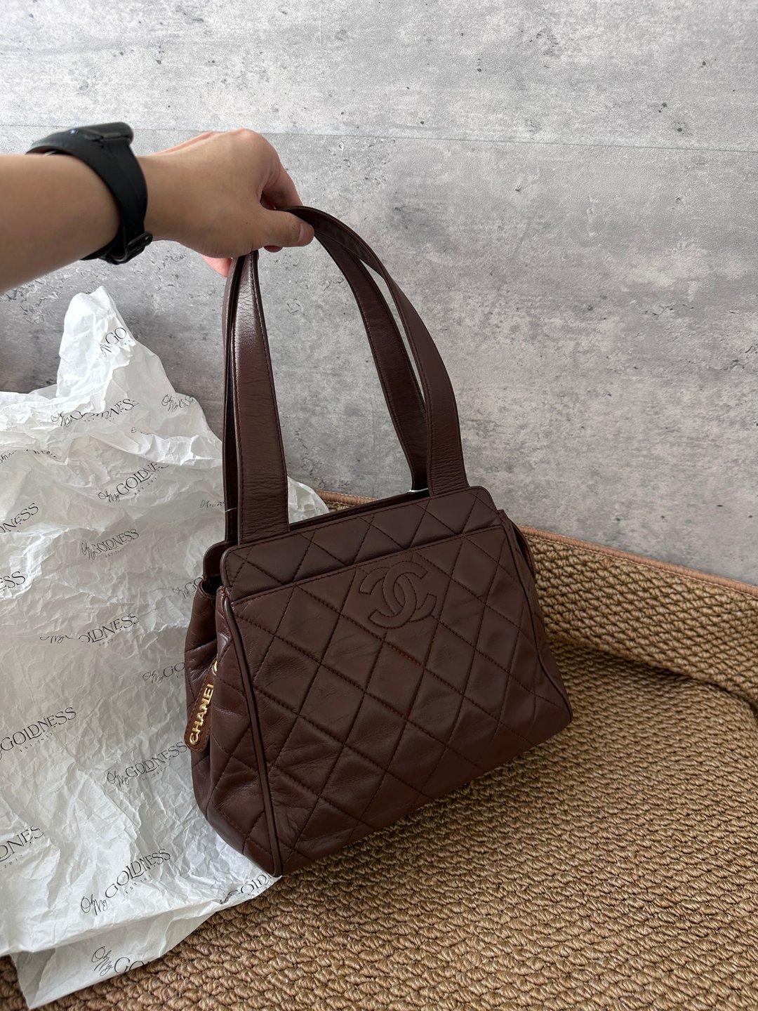 中古包 Chanel 香奈儿 奶啡色小羊皮小号手提包 - 手提包/手提袋 - 真皮 咖啡色