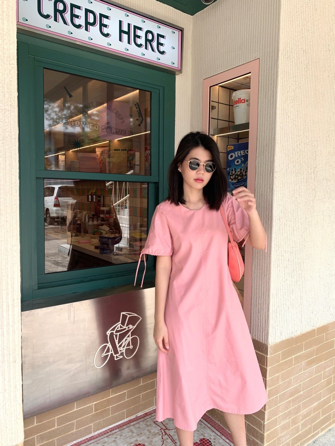 BIRUCHU A-LINE COTTON DRESS - 粉色 长洋装 纯棉 穿搭 短袖洋装 - 洋装/连衣裙 - 棉 粉红色