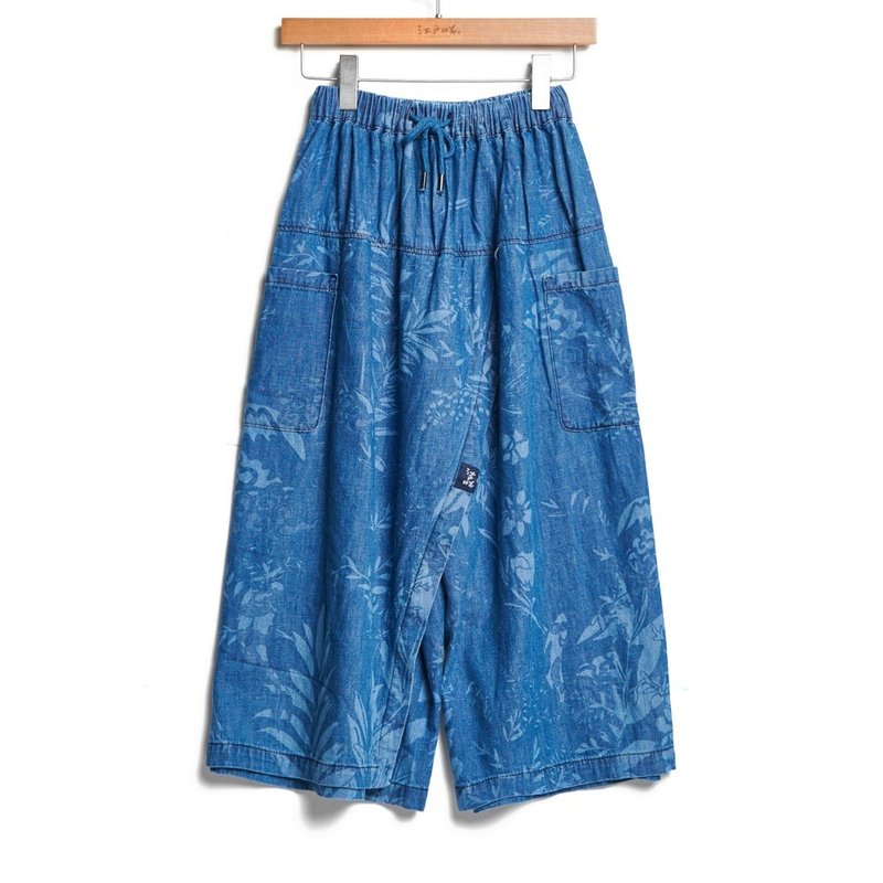 江户胜 日系 女款 INDIGO 雷射印花宽直筒裤裙(漂浅蓝) #裤裙 - 女装长裤 - 棉．麻 蓝色