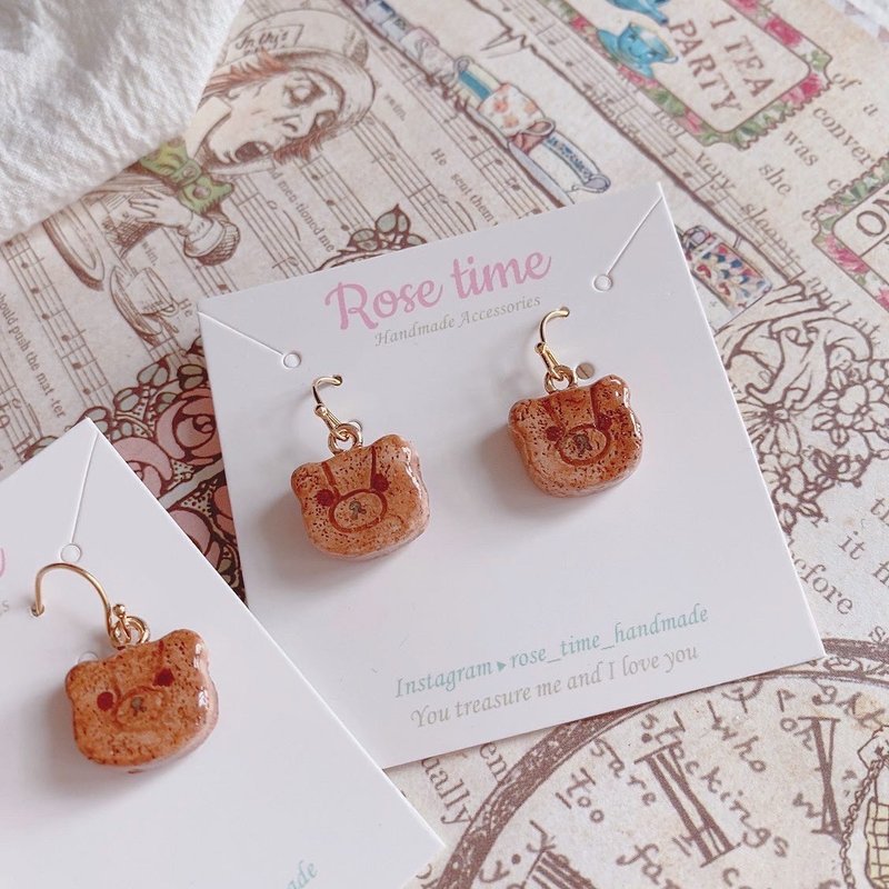 手绘 复古毛毛熊 毛毛感 耳环 / 玩具熊 - 耳环/耳夹 - 粘土 咖啡色