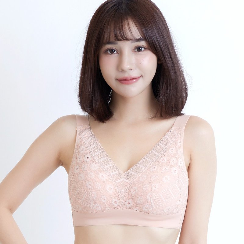 Pink Lady无钢圈 C-E罩杯 零束缚无痕侧背片柔软花蕾丝内衣 - 女士内衣裤 - 尼龙 卡其色