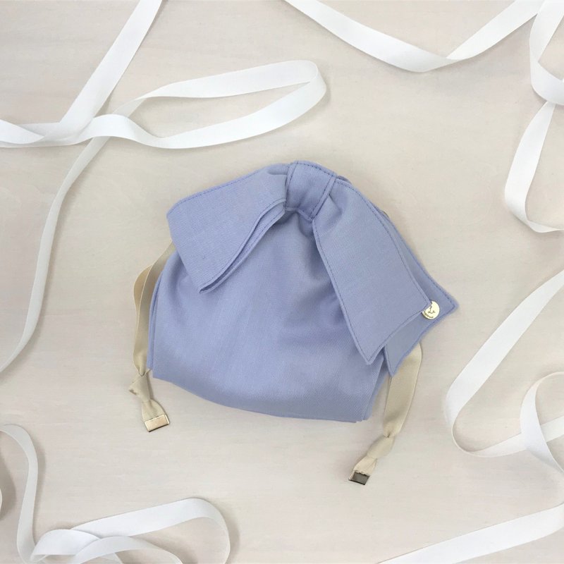 NEW Linen Twill Asymmetric Ribbon Drawstring Pouch Sax Blue - 化妆包/杂物包 - 棉．麻 蓝色