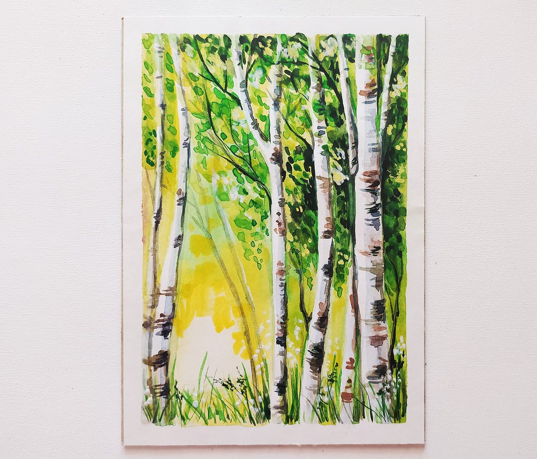 Forest landscape birches art watercolor painting sunrise artwork wood art - 墙贴/壁贴 - 其他材质 绿色