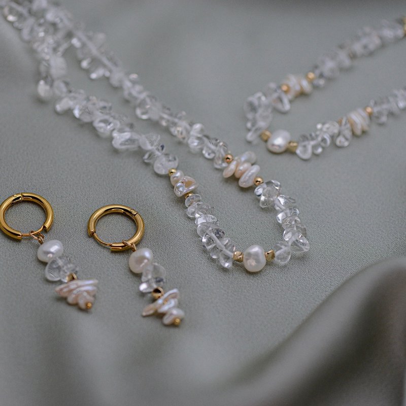 天然白水晶珍珠 项链+手链+耳环 首饰品套装 生日礼物 - 耳环/耳夹 - 珍珠 透明