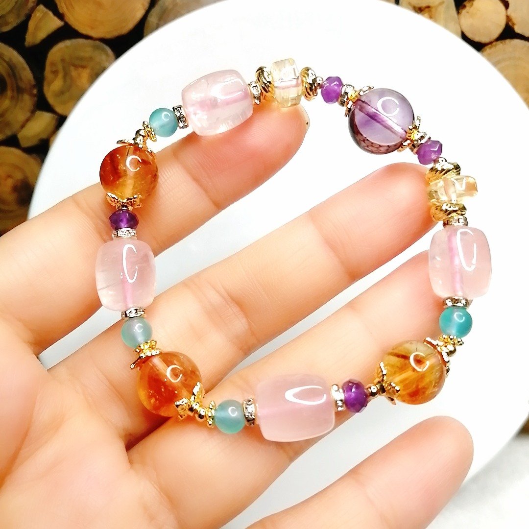 金银财宝Jinyin caibao 粉晶/黄阿赛塔山黄水晶/塔山紫水晶手串 - 手链/手环 - 水晶 