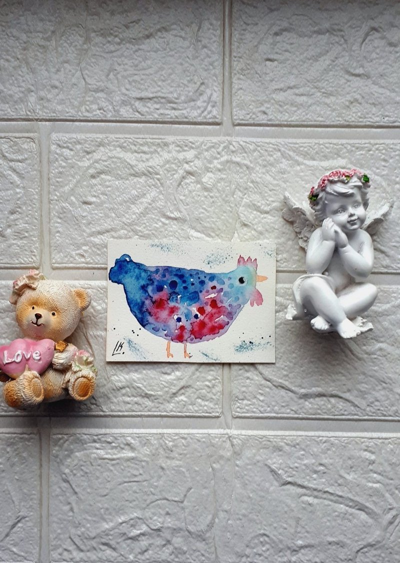 Original ACEO Chicken Painting Farmhouse Animals Miniature Collectible Art - 墙贴/壁贴 - 纸 多色