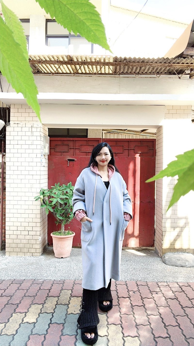 浪漫莫兰迪灰紫色大V无翻领式 古着双口袋廓形羊毛长大衣外套 - 女装休闲/机能外套 - 羊毛 蓝色