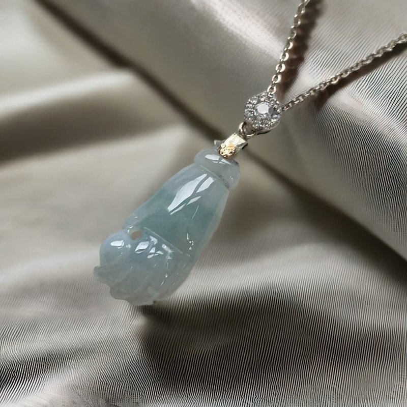 冰种飘蓝花翡翠佛手 925纯银坠头 | 天然缅甸玉翡翠A货 | 送礼 - 项链 - 玉石 绿色