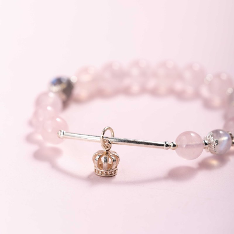 粉水晶月光石拉长石925纯银手链 | 天然水晶手链礼物 - 手链/手环 - 水晶 粉红色