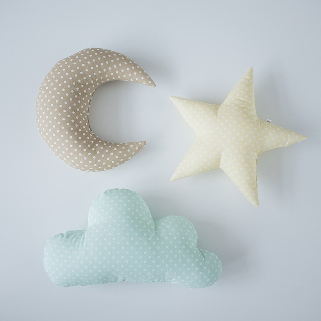 Set of 3! Pastel set cloud star moon shaped pillow - mint yellow cream nursery room decor - 满月礼盒 - 棉 多色