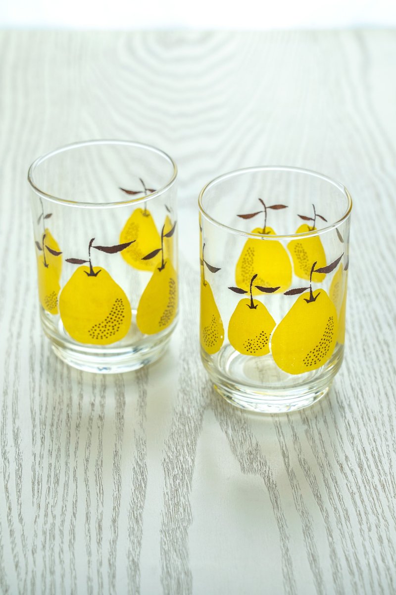 一组 2 入 波兰制早期水果印花老玻璃杯 中古品 台湾包邮 - 玻璃杯 - 玻璃 透明
