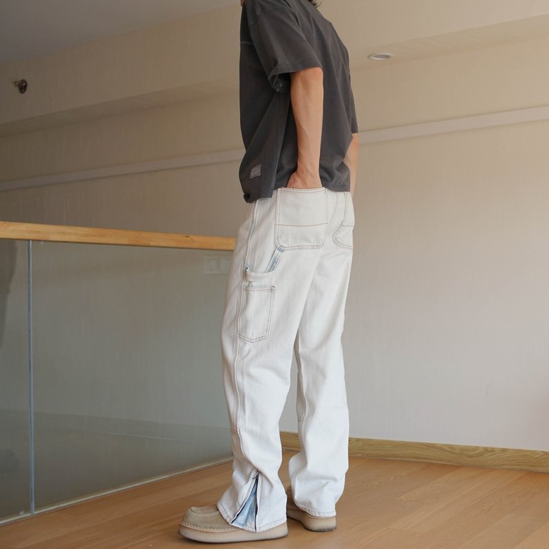 脱色洗白复古宽松直筒喇叭裤拉链牛仔工装长裤 日系 寬鬆 百搭 - 男士长裤 - 棉．麻 白色