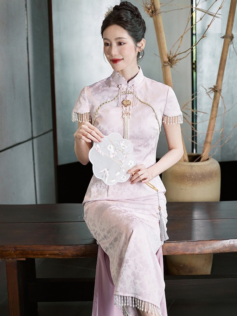 錦韻 淡粉色流珠結婚禮服旗袍 復古改良新中式國風洋裝禮服 - 旗袍 - 聚酯纤维 粉红色