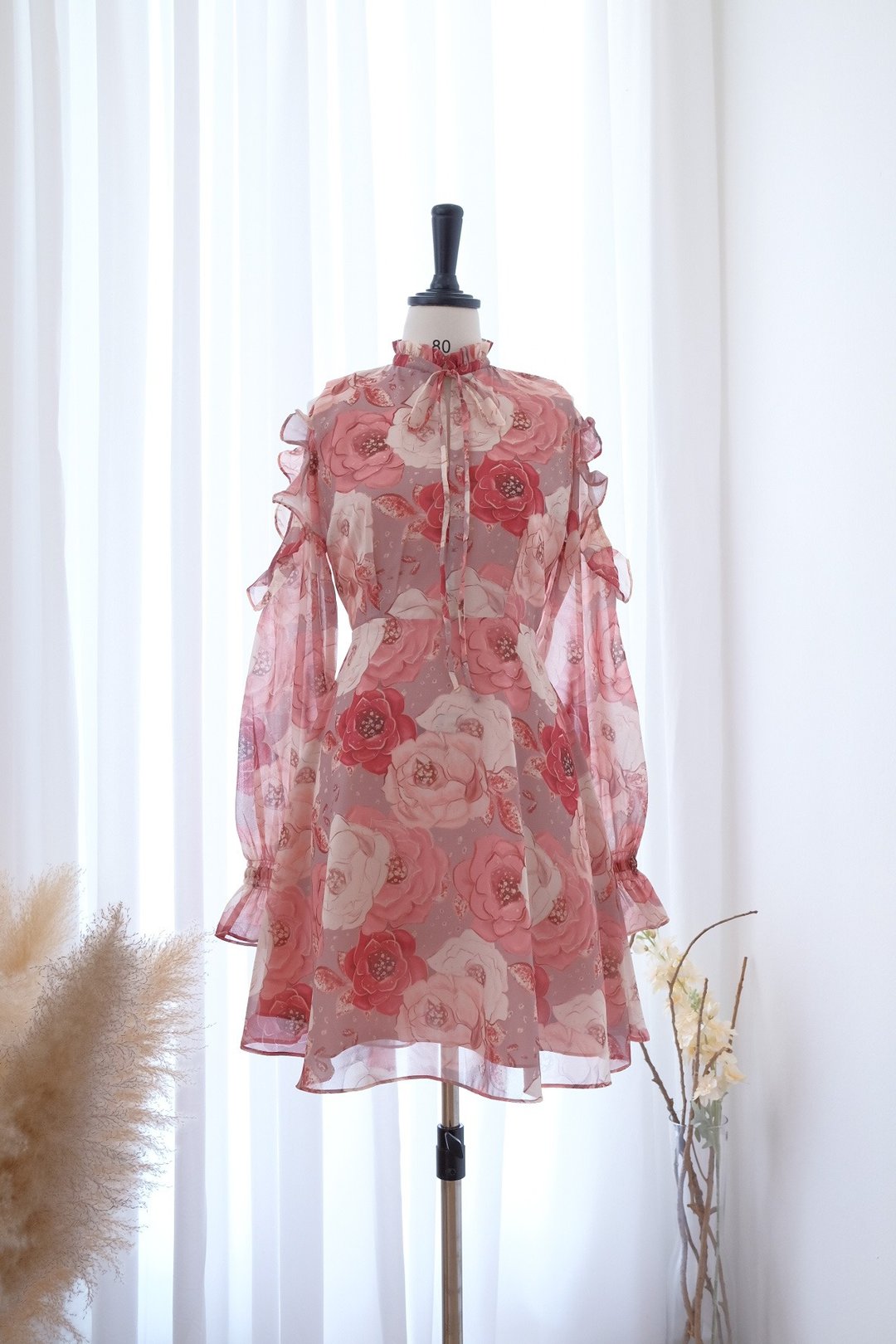 Pink floral summer sundress Long sleeve bridesmaid dresses party short dress - 洋装/连衣裙 - 聚酯纤维 粉红色
