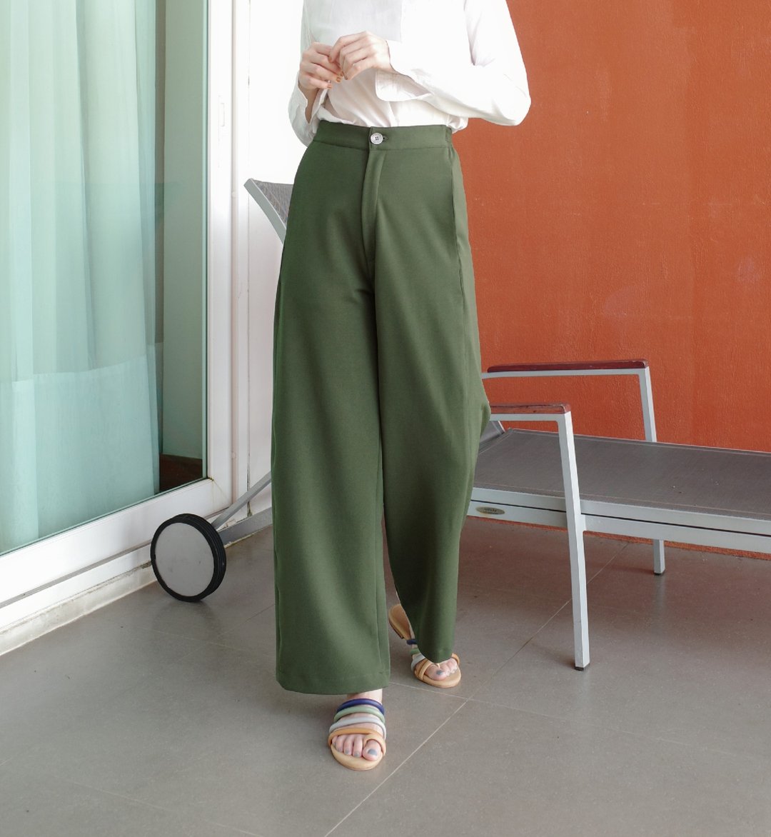 Green Wrinkle free poly spandex Wide leg elastic back highwaisted trousers - 男士长裤 - 聚酯纤维 绿色