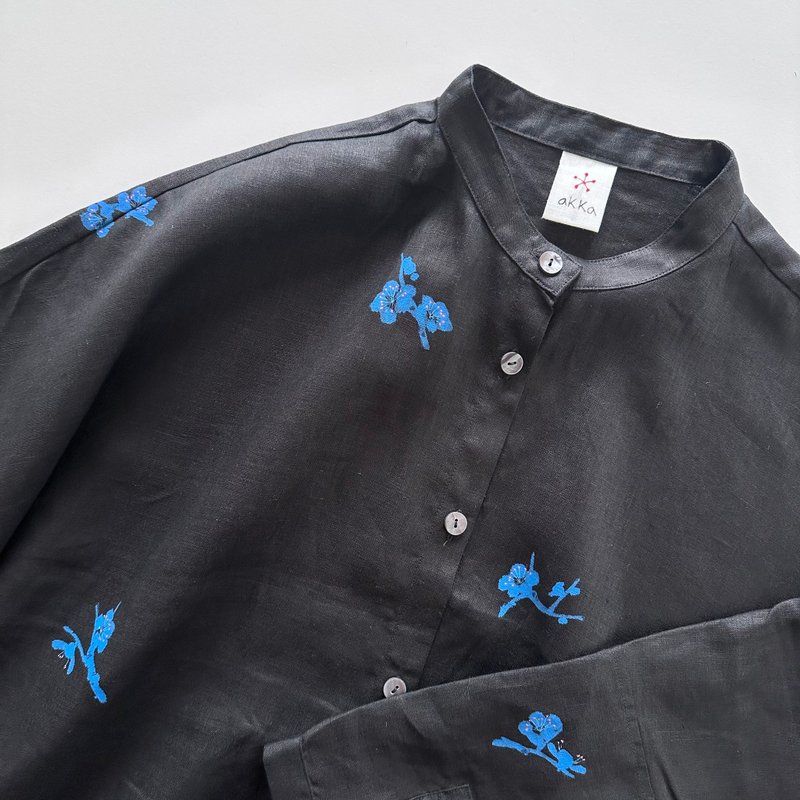 立领衬衫洋装 青梅图案 - 洋装/连衣裙 - 棉．麻 黑色