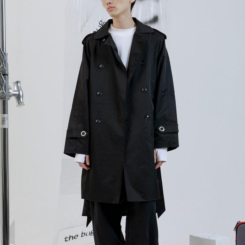 前短后长双排扣风衣 - 男装外套 - 棉．麻 黑色