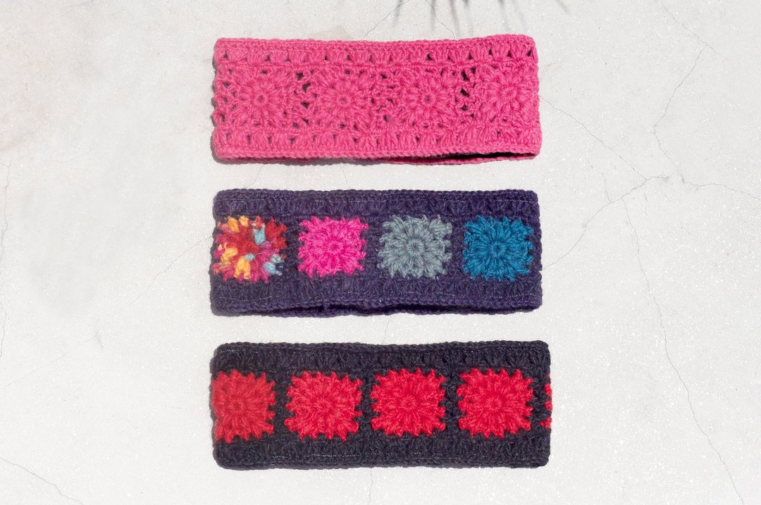 七夕礼物 限量手工 / 手工羊毛编织缤纷发带/ 纯羊毛编织发带 / boho headband / 花朵钩织发带 / 内刷毛发带 / 针织发带 - 自然森林花朵 - 发饰 - 羊毛 多色