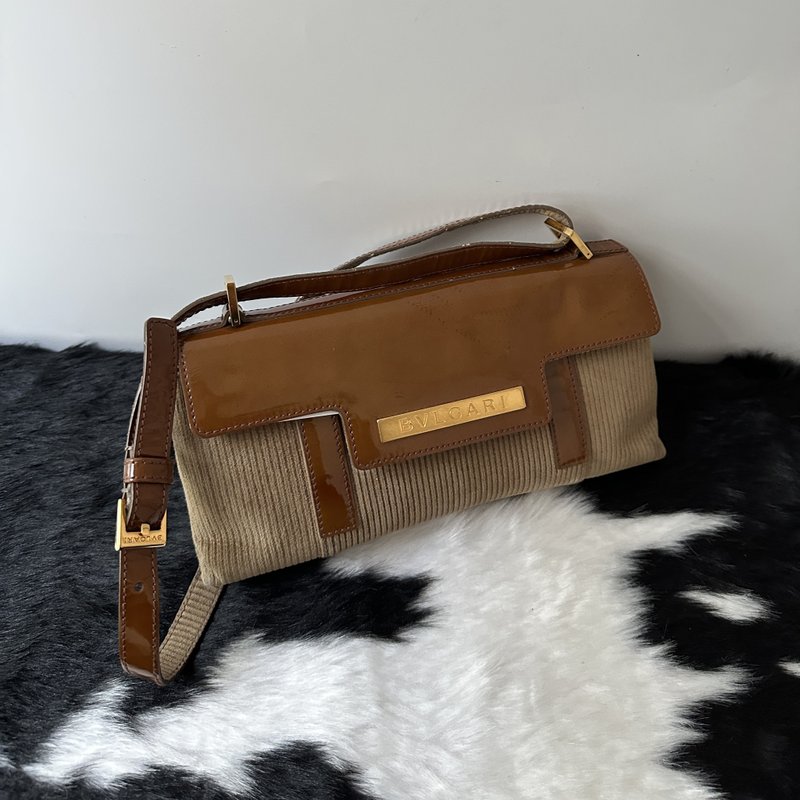 BVLGARI 宝格丽 焦糖色灯芯绒拼漆皮 肩背包 - 侧背包/斜挎包 - 棉．麻 咖啡色