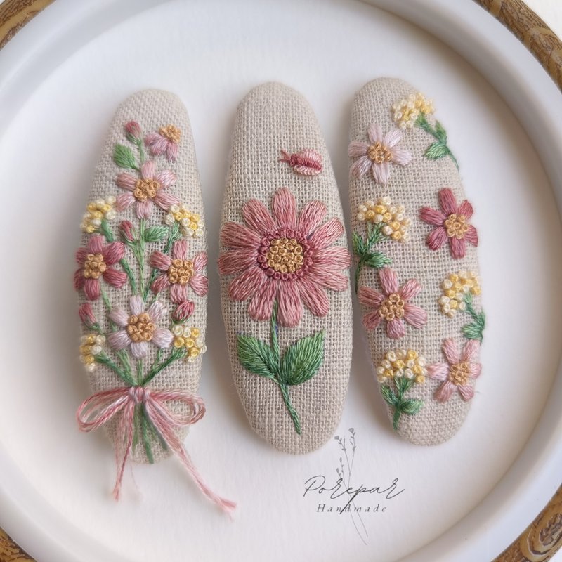发夹, 雏菊发夹, 布艺发夹, 可爱发夹, 手绣发夹 - 发饰 - 棉．麻 白色