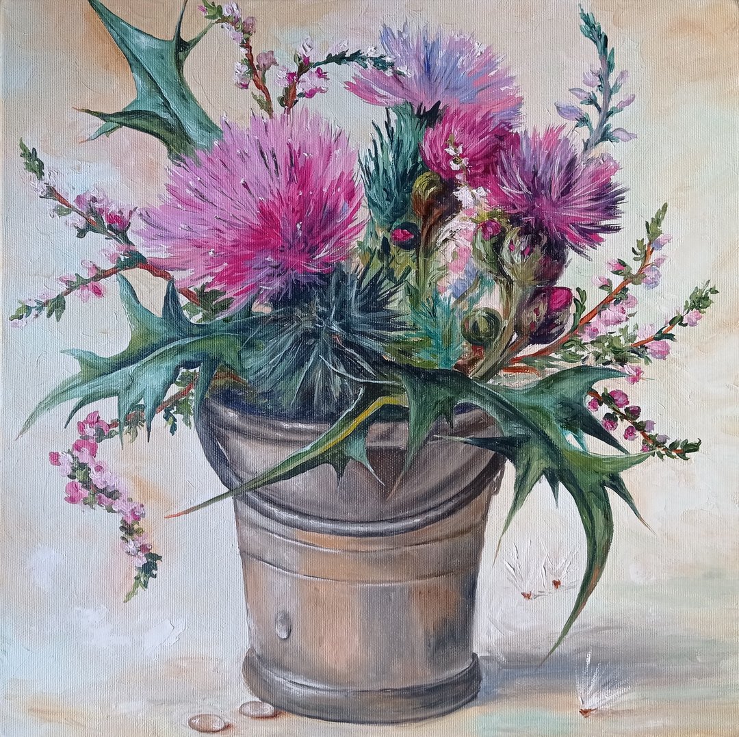 花画  花卉植物 挂画  原画  手绘  蓟  原创油画 - 海报/装饰画/版画 - 其他材质 粉红色