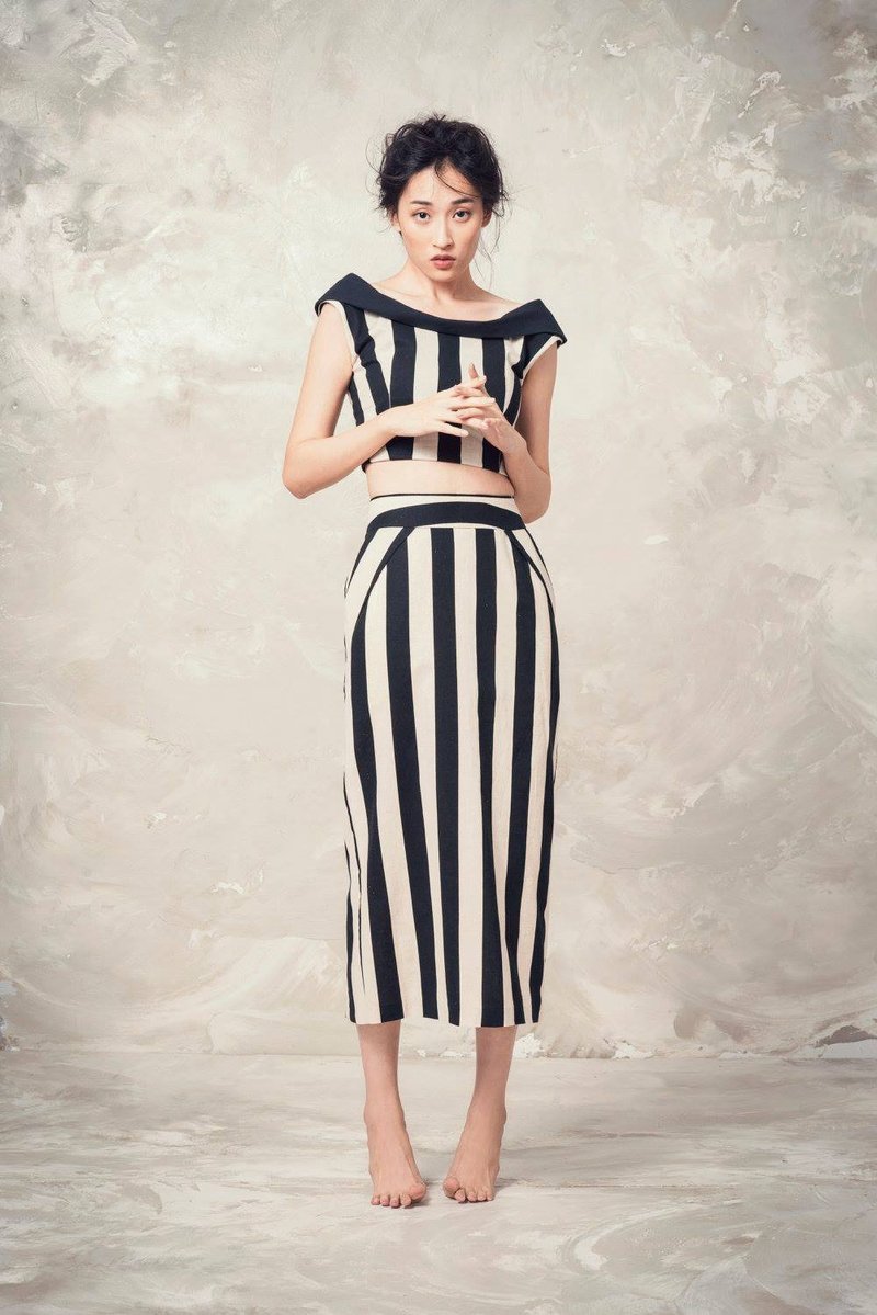 条纹窄裙 - 裙子 - 棉．麻 黑色