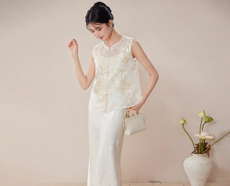 新中式复古中國風 刺绣叠穿盘扣气质 上衣/吊帶裙 - 洋装/连衣裙 - 其他材质 白色
