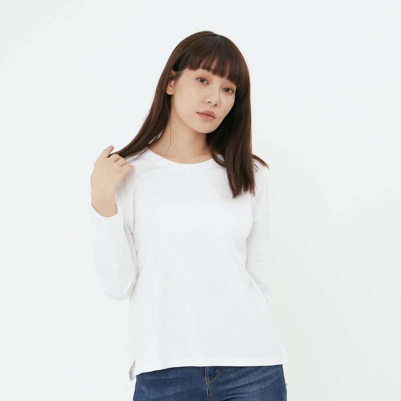 素面長袖落肩蜜桃棉女T/白色 - 女装 T 恤 - 棉 白色