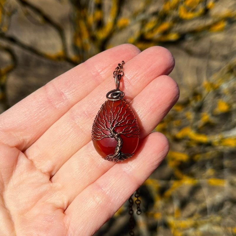 红玉髓民族生命之树吊坠项链男女礼物 - 项链 - 宝石 橘色