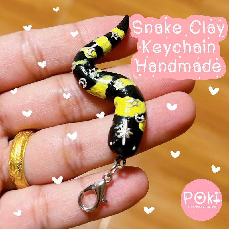 可爱黏土蛇钥匙圈 |手工制作的黏土蛇钥匙圈 |黑- 黄色 |礼物 - 吊饰 - 粘土 