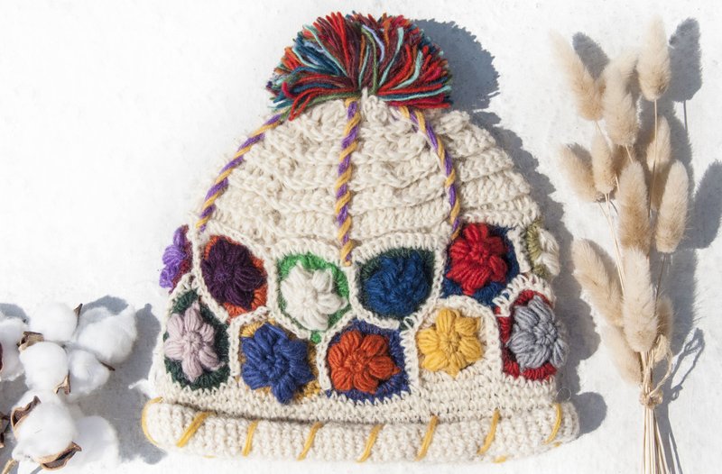手工编织纯羊毛帽/编织帽/针织毛帽/内刷毛花朵毛帽/毛线帽-花朵 - 帽子 - 羊毛 多色