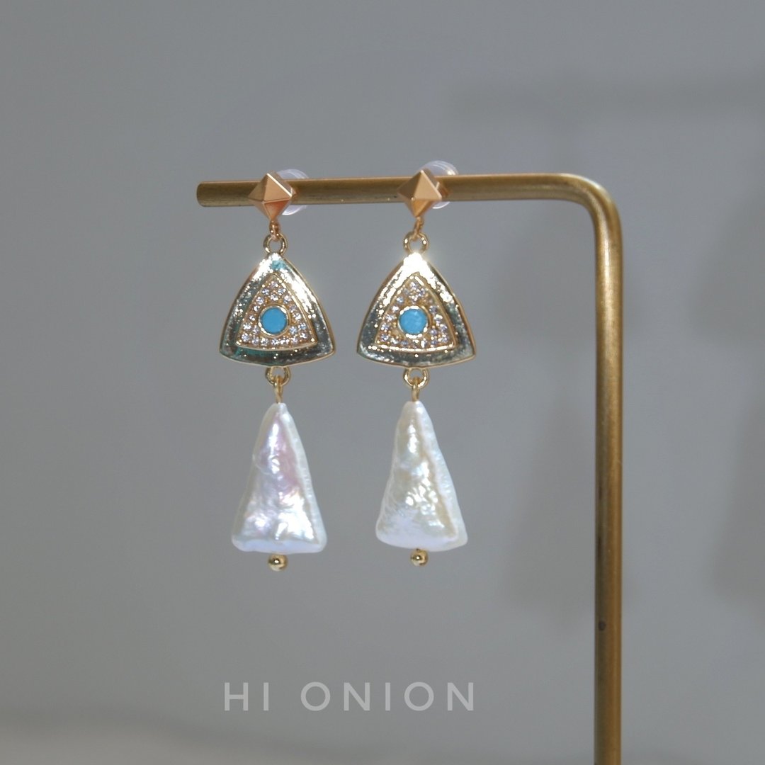 Hi Onion原创设计埃及风三角巴洛克珍珠耳钉复古耳夹小众个性耳环 - 耳环/耳夹 - 其他材质 