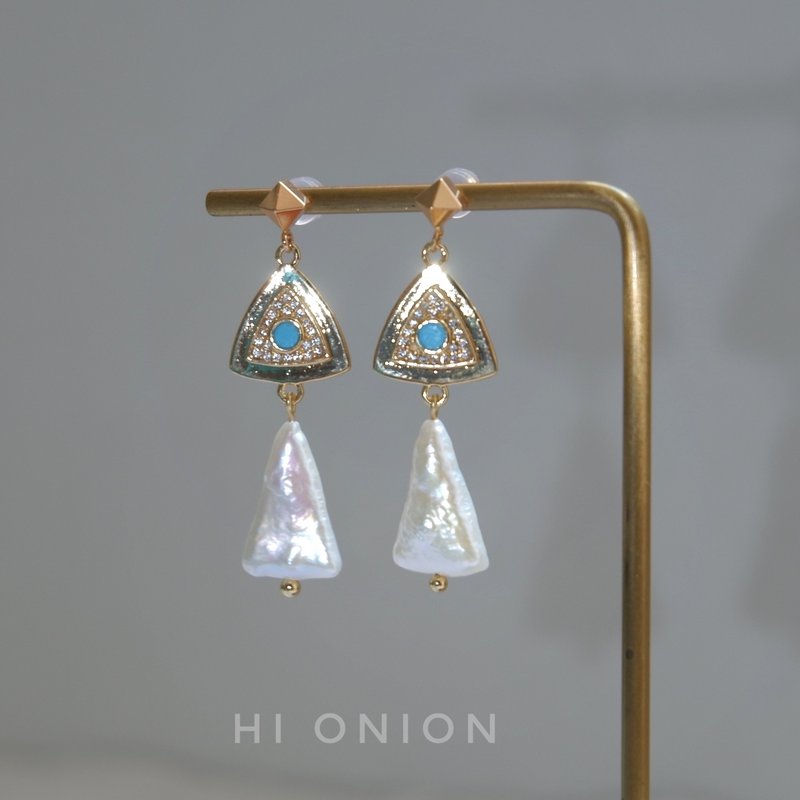 Hi Onion原创设计埃及风三角巴洛克珍珠耳钉复古耳夹小众个性耳环 - 耳环/耳夹 - 其他材质 