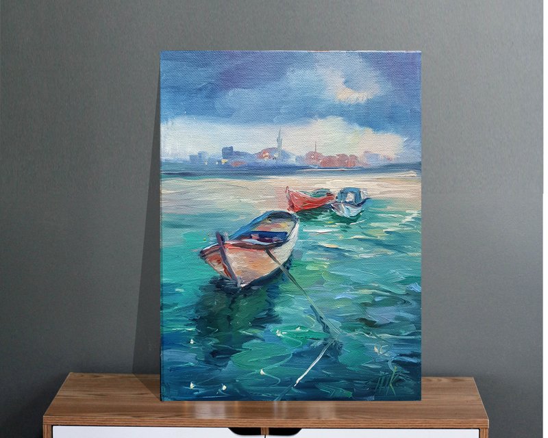 船画海原创艺术海景油画渔船墙艺术 风景油画 手工油画 油画 - 海报/装饰画/版画 - 其他材质 绿色