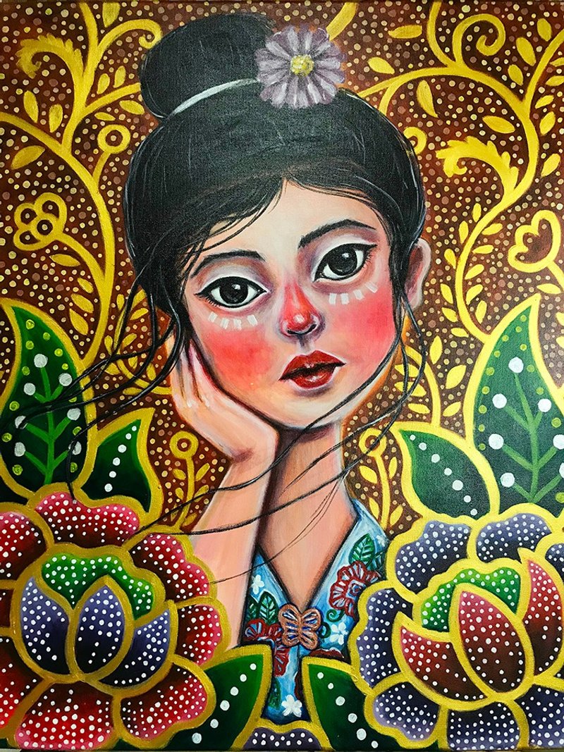 Stare (batik girl 2) Original Painting on canvas - 墙贴/壁贴 - 其他材质 橘色