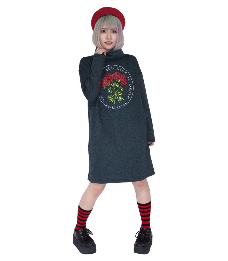 玫瑰高领洋装/黑色/粉色/均码/hellcatpunks/hcp-op-0052 - 洋装/连衣裙 - 棉．麻 黑色