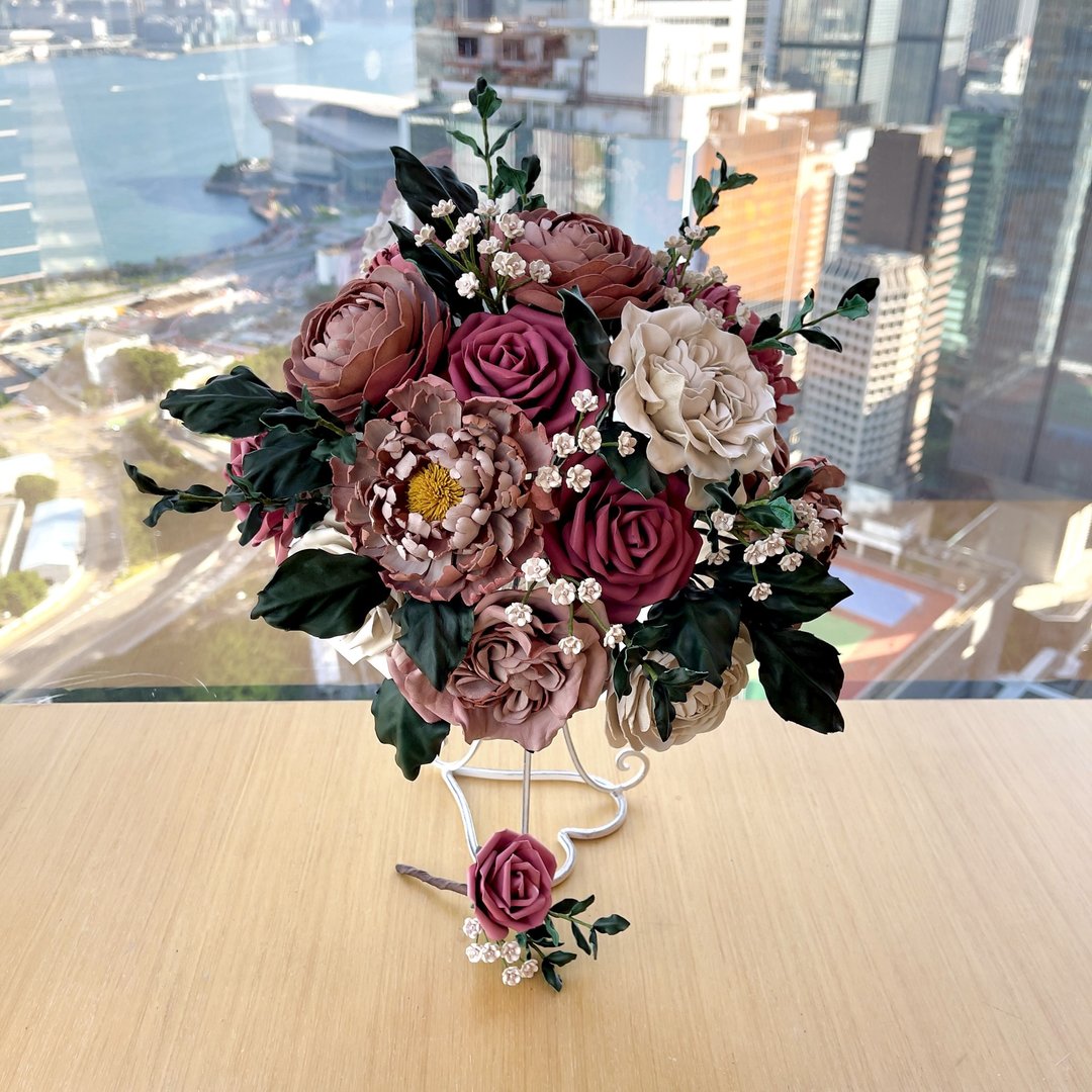 华丽皮革庭园玫瑰结婚花球|手捧花 - 胸花/手腕花 - 真皮 粉红色