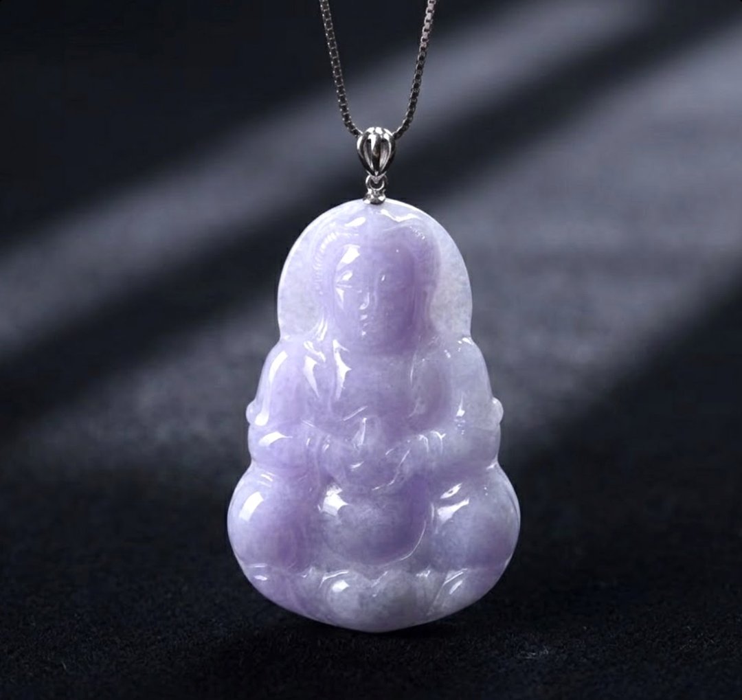 紫罗兰翡翠观音菩萨项链 18K 金坠头 | 天然缅甸玉翡翠 A 货 | 送礼 - 项链 - 玉石 紫色