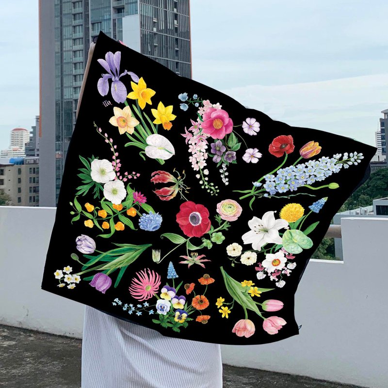 Scarf : silk satin ttq floral scarf : MIDNIGHT - 丝巾 - 丝．绢 黑色