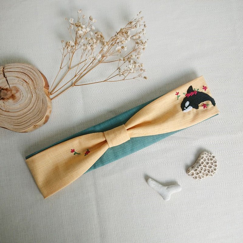 来自海的灵感系列-花圈虎鲸双色拼接手工刺绣发带 - 发带/发箍 - 绣线 多色