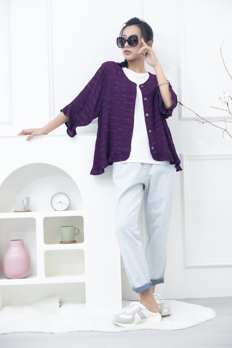 不规则横织晕染感七分荷叶袖外套 紫色 - 女装西装外套/风衣 - 其他材质 紫色