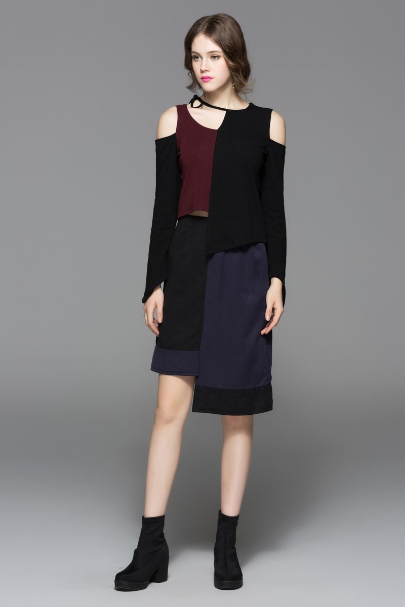 原创简约不对称拼色不规则下摆短裙 - 裙子 - 其他材质 蓝色