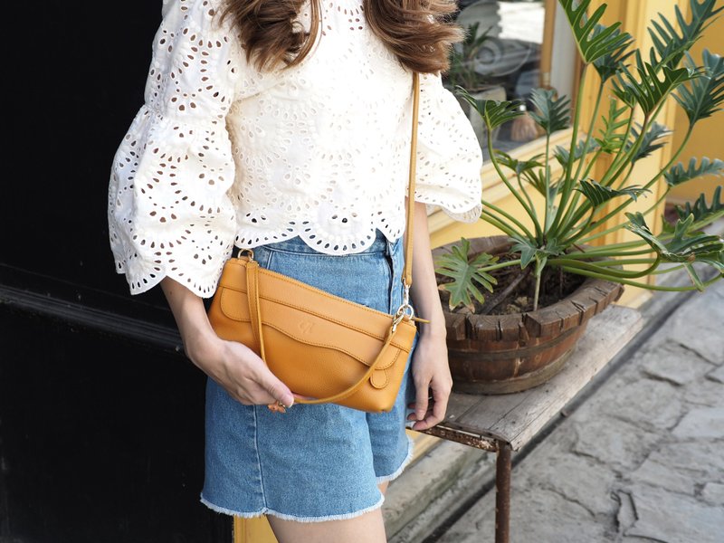 Sherbet mix (Mustard) : Leather bag, Cross-body bag, 2 straps, Clutch - 手提包/手提袋 - 真皮 橘色