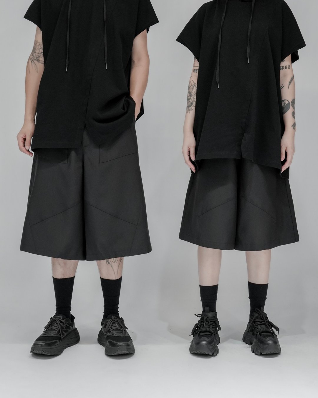 MUKK DESIGN 剪接造型西装五分宽短裤 - 男士短裤 - 聚酯纤维 黑色