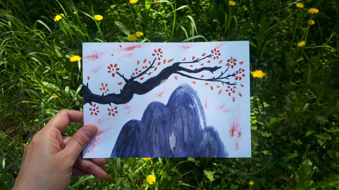 美丽山间樱花树艺术，亚洲花卉画作 - 墙贴/壁贴 - 纸 多色