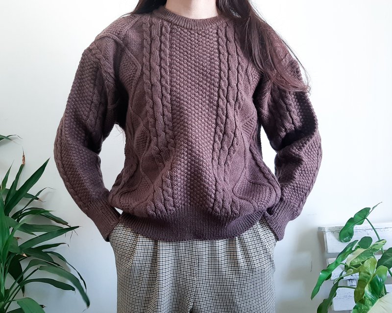 PERRY ELLIS 巧克力棕色渔夫毛衣 Aran 粗针织毛衣 M 码 - 女装针织衫/毛衣 - 羊毛 咖啡色
