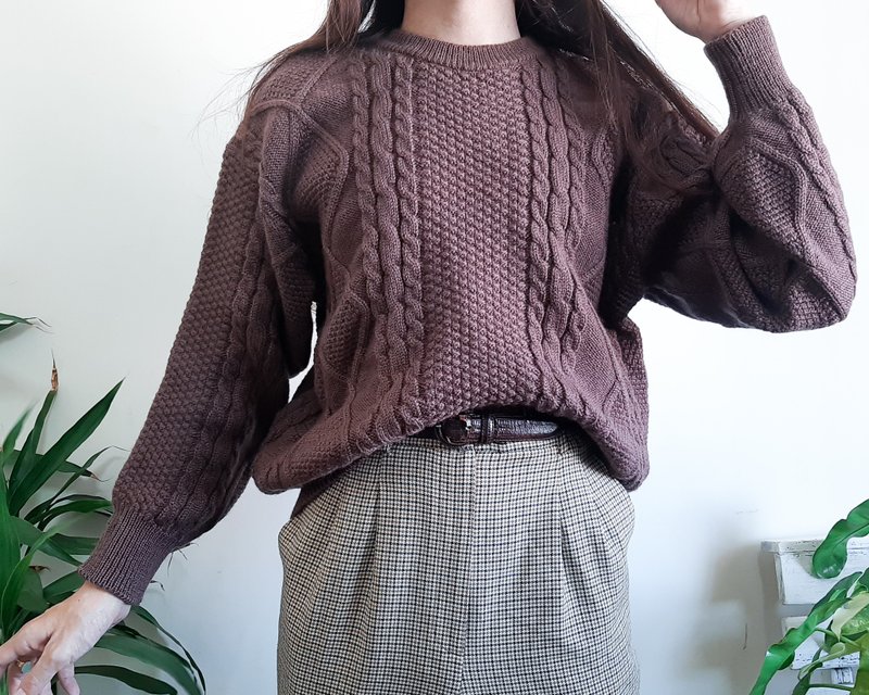 PERRY ELLIS 巧克力棕色渔夫毛衣 Aran 粗针织毛衣 M 码 - 女装针织衫/毛衣 - 羊毛 咖啡色